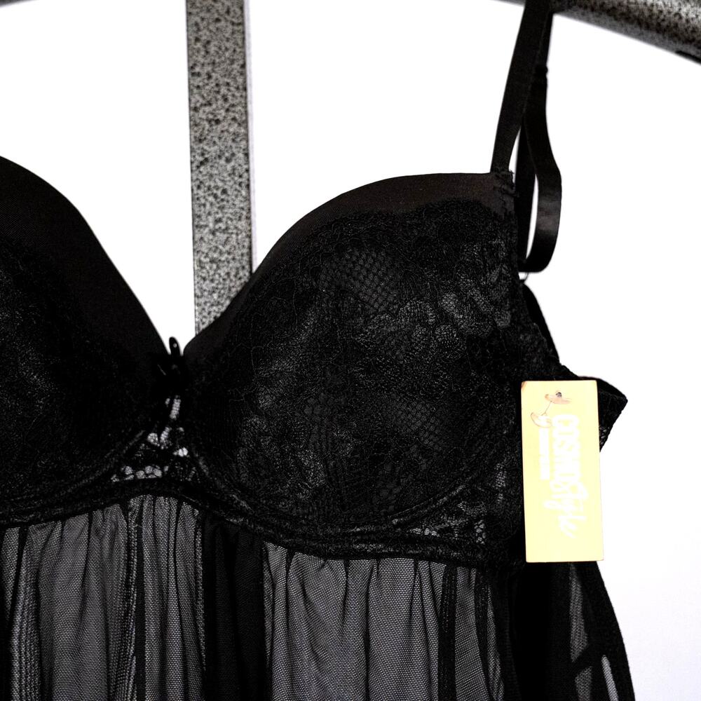 Cosmo Style Cosmopolitan Sheer Black Babydoll + Thong Set LARGE Lace Lingerie - Picture 2 of 4